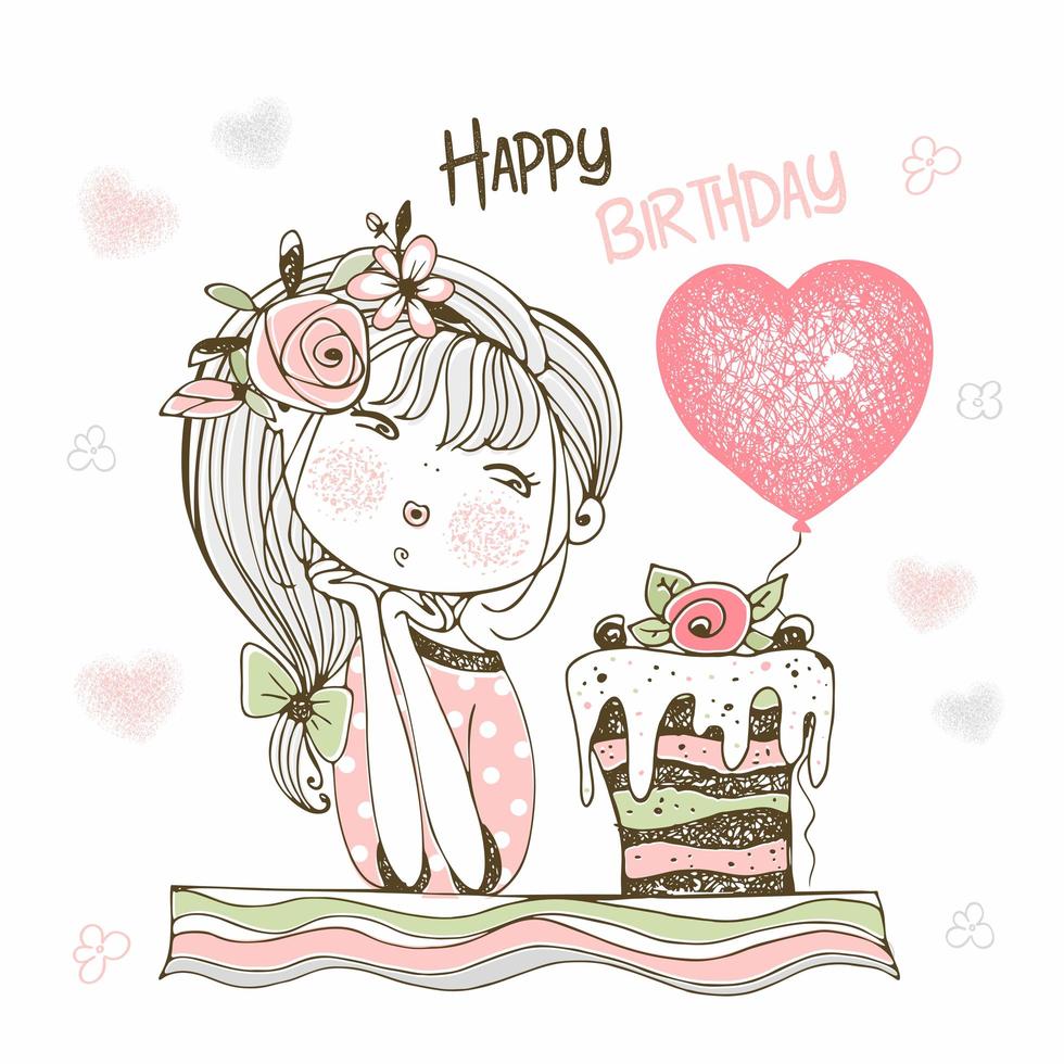 Cute girl with a cake and a balloon. vector