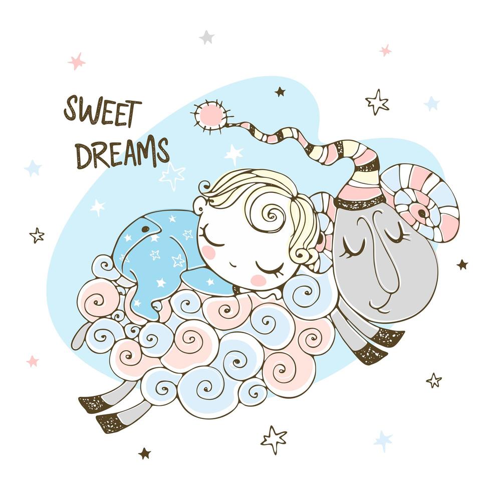 Baby boy is sleeping sweetly on a sheep. vector