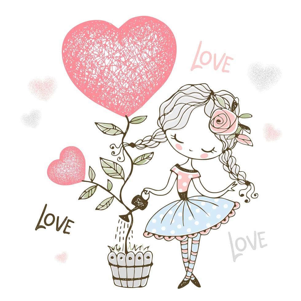 Lovely little girl watering a tree vector
