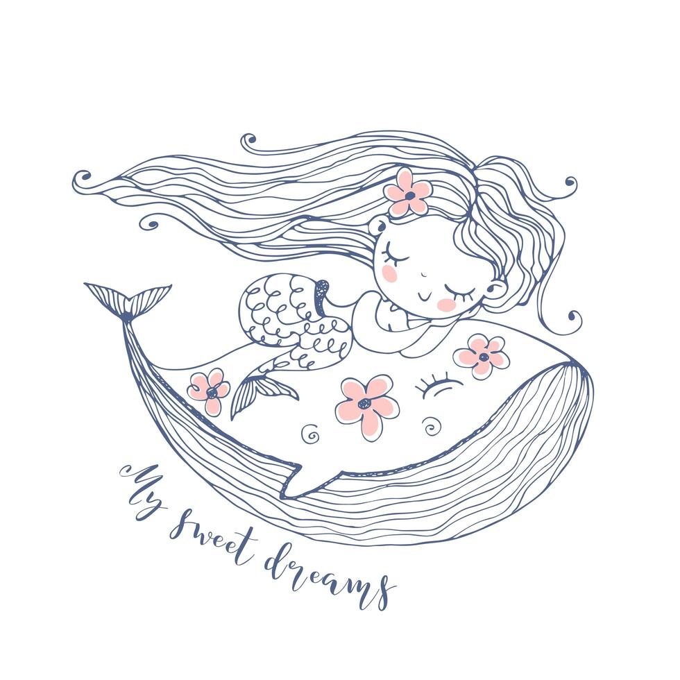 Cute little mermaid sleeping sweetly on a whale vector