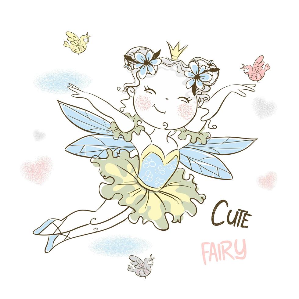 Cute little forest fairy flies with birds. vector