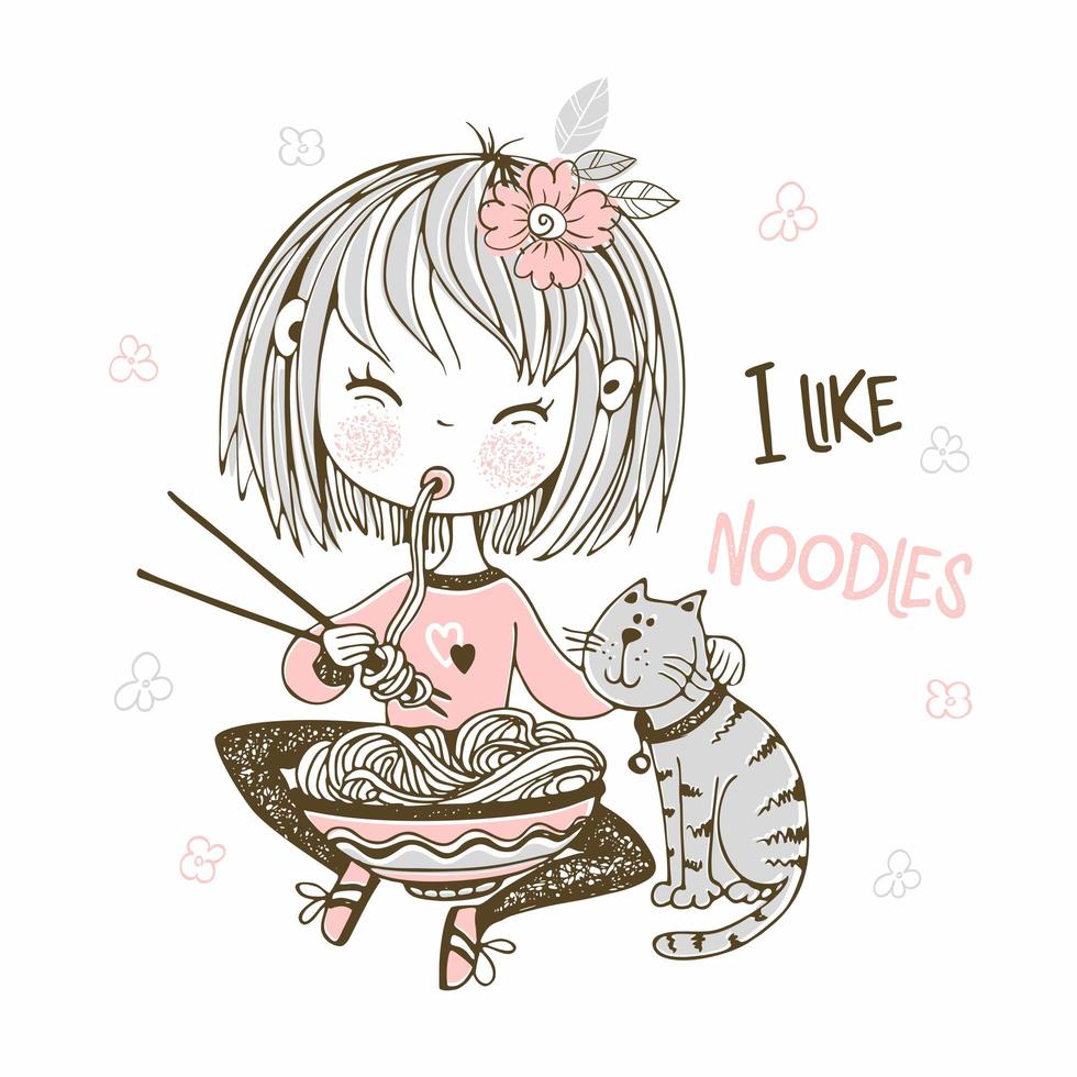 Cute little girl eating chopsticks noodles. vector