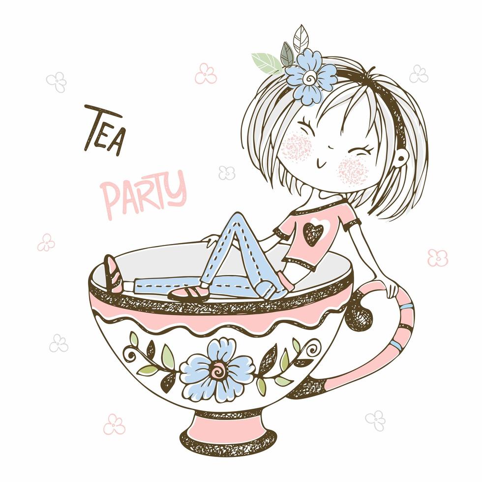 Cute girl drinking tea. Tea party. vector