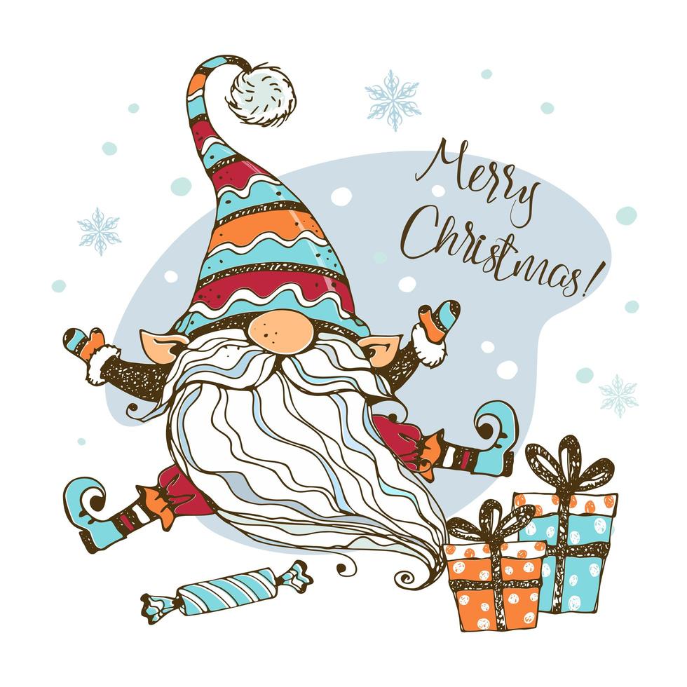 Christmas card with cute Nordic gnome vector