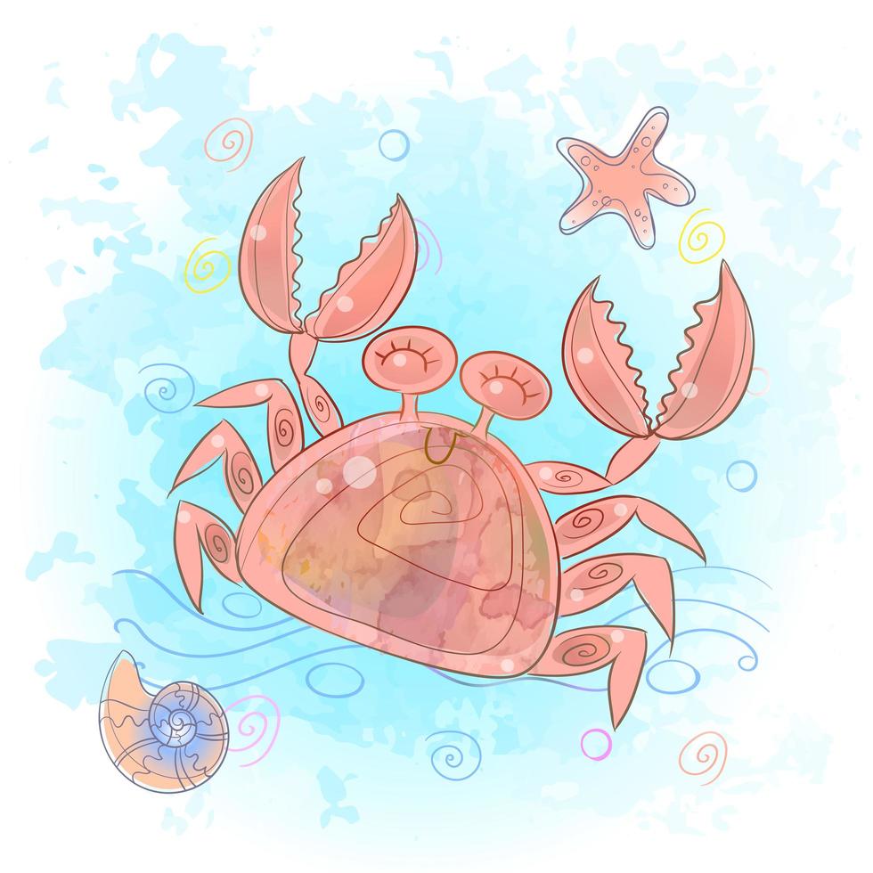 Cute crab in the sea. Marine life vector