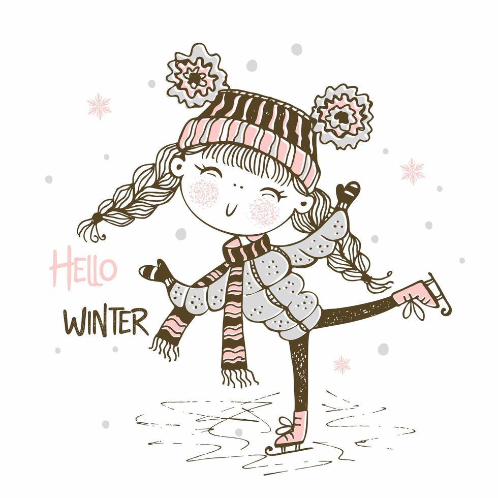 Cute girl in a knitted hat skating vector