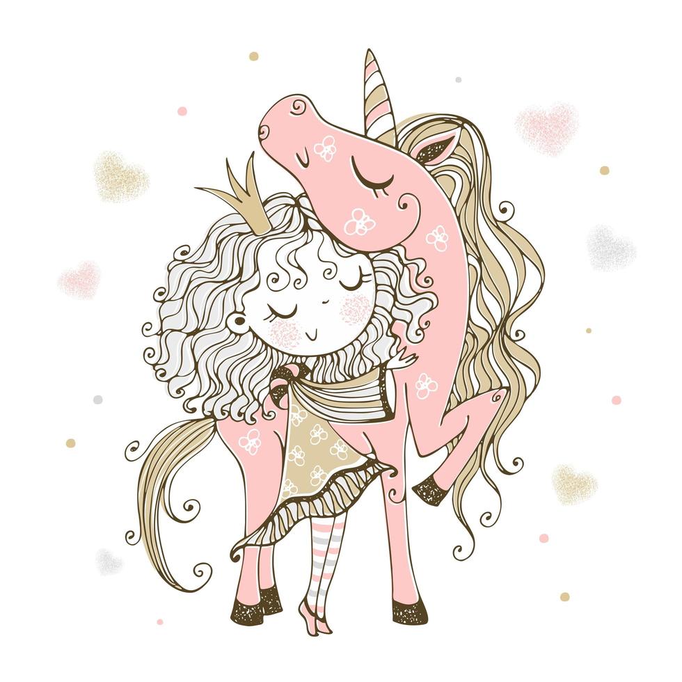 linda princesita con un unicornio rosa vector