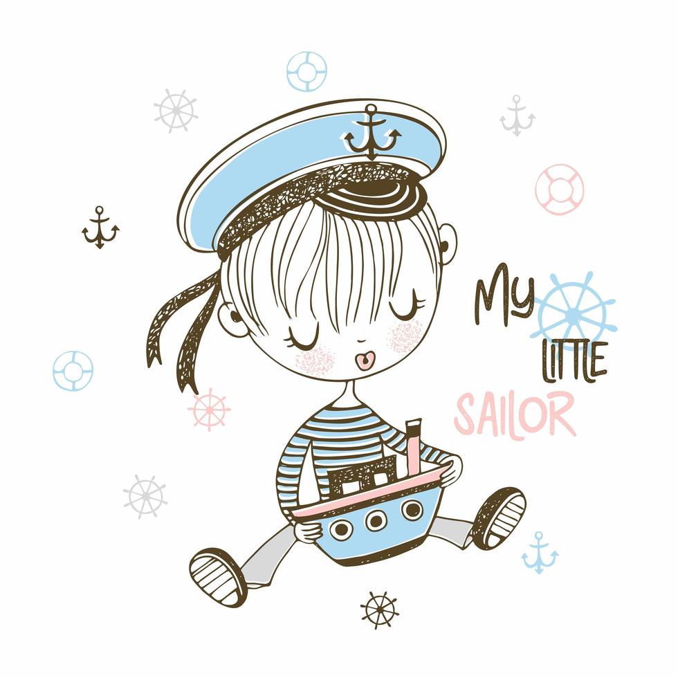 Little sailor boy in cap with toy boat vector