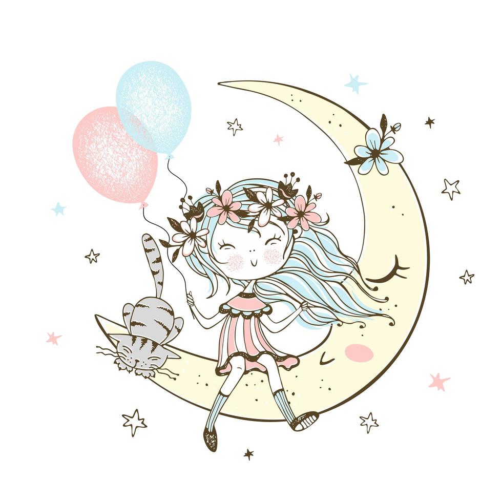 niña con un gato sentado en la luna vector