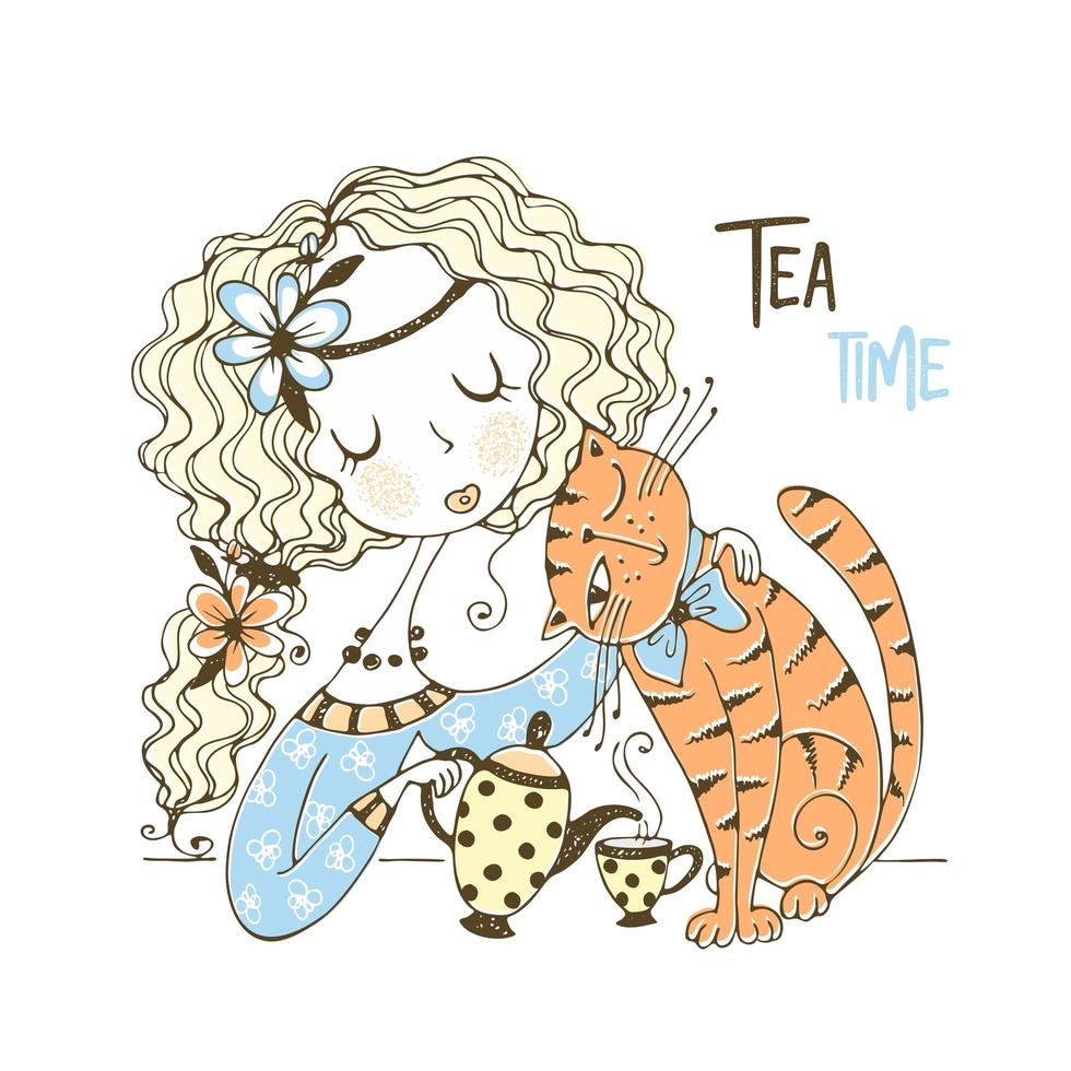 A girl is drinking tea with her cat vector
