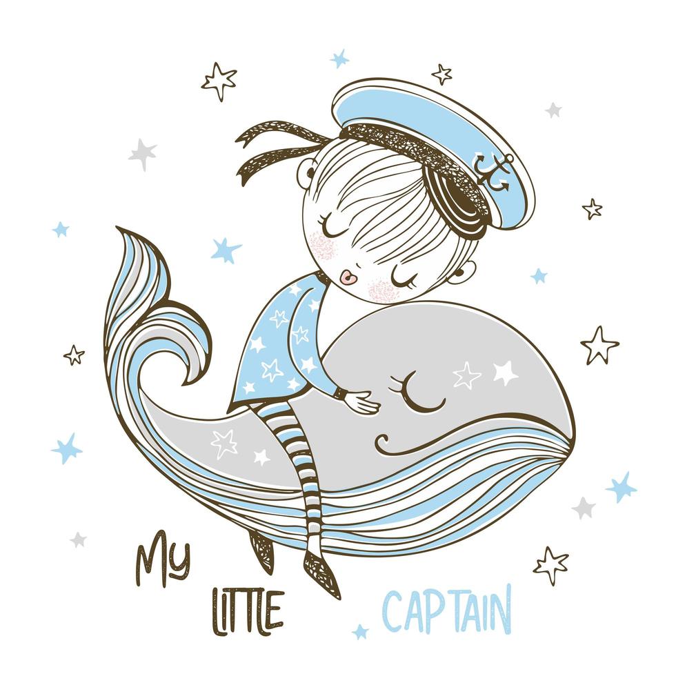 A little sailor boy sleeps on a whale vector