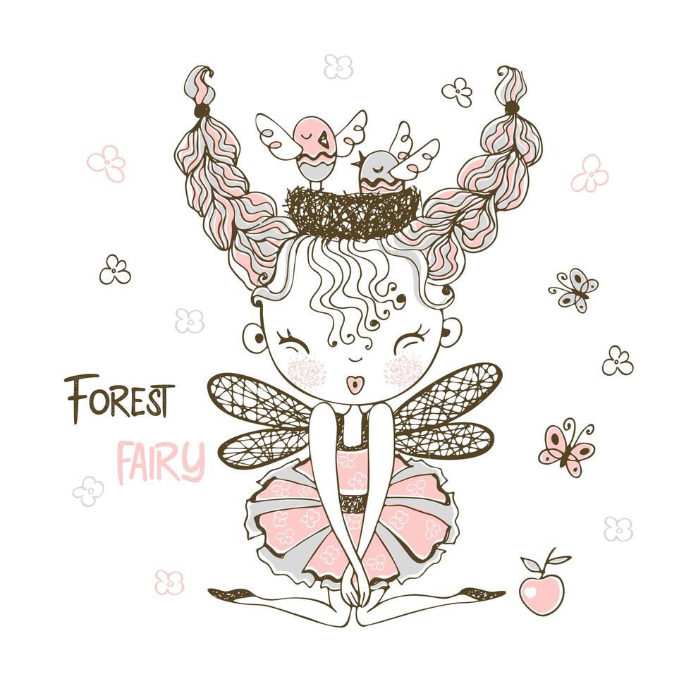 Cute forest fairy with birds in the nest vector