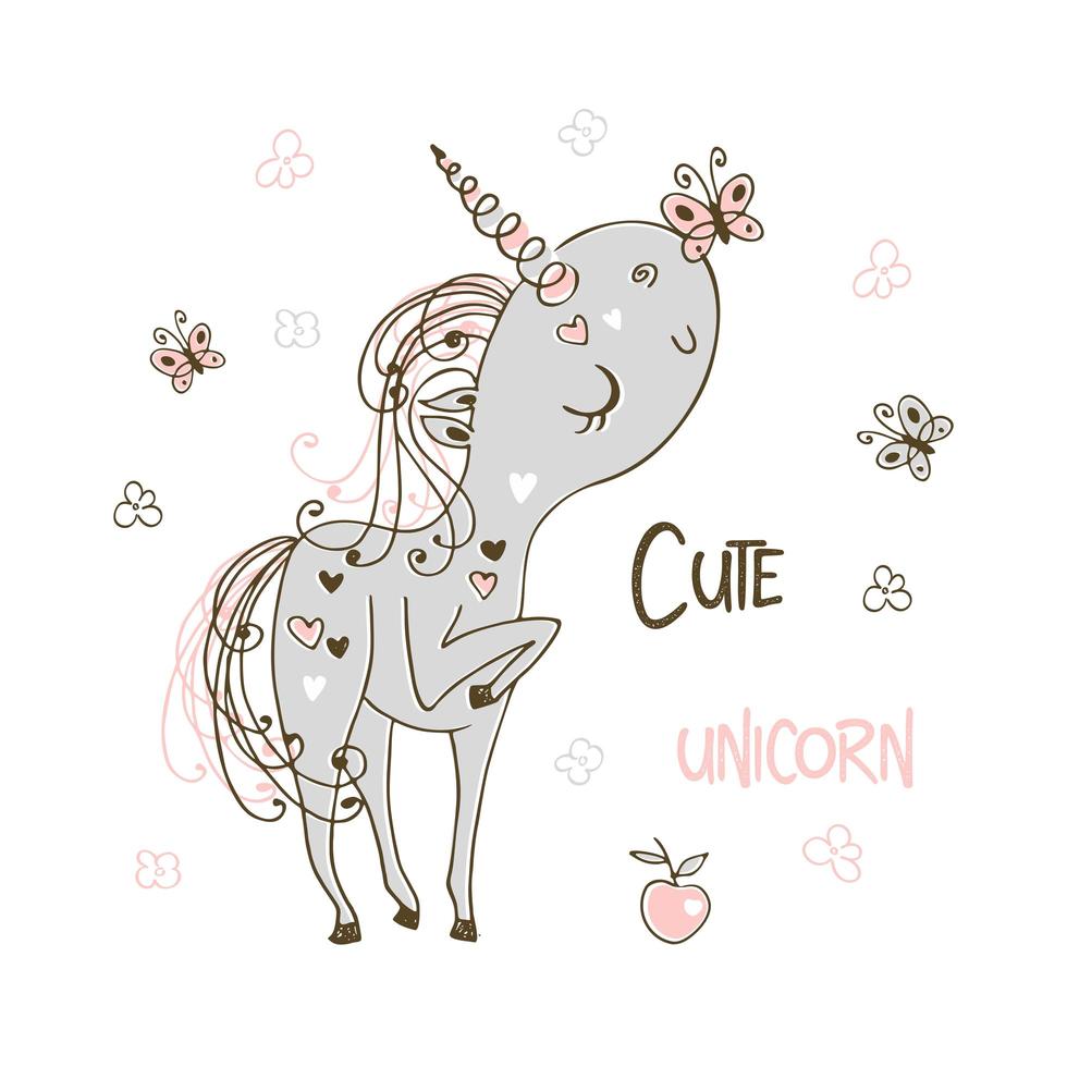 dulce lindo unicornio jugando con mariposas vector