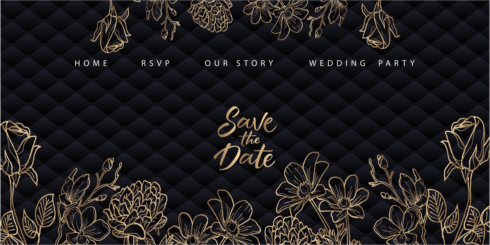 Golden floral wedding landing page with blue upholstery vector