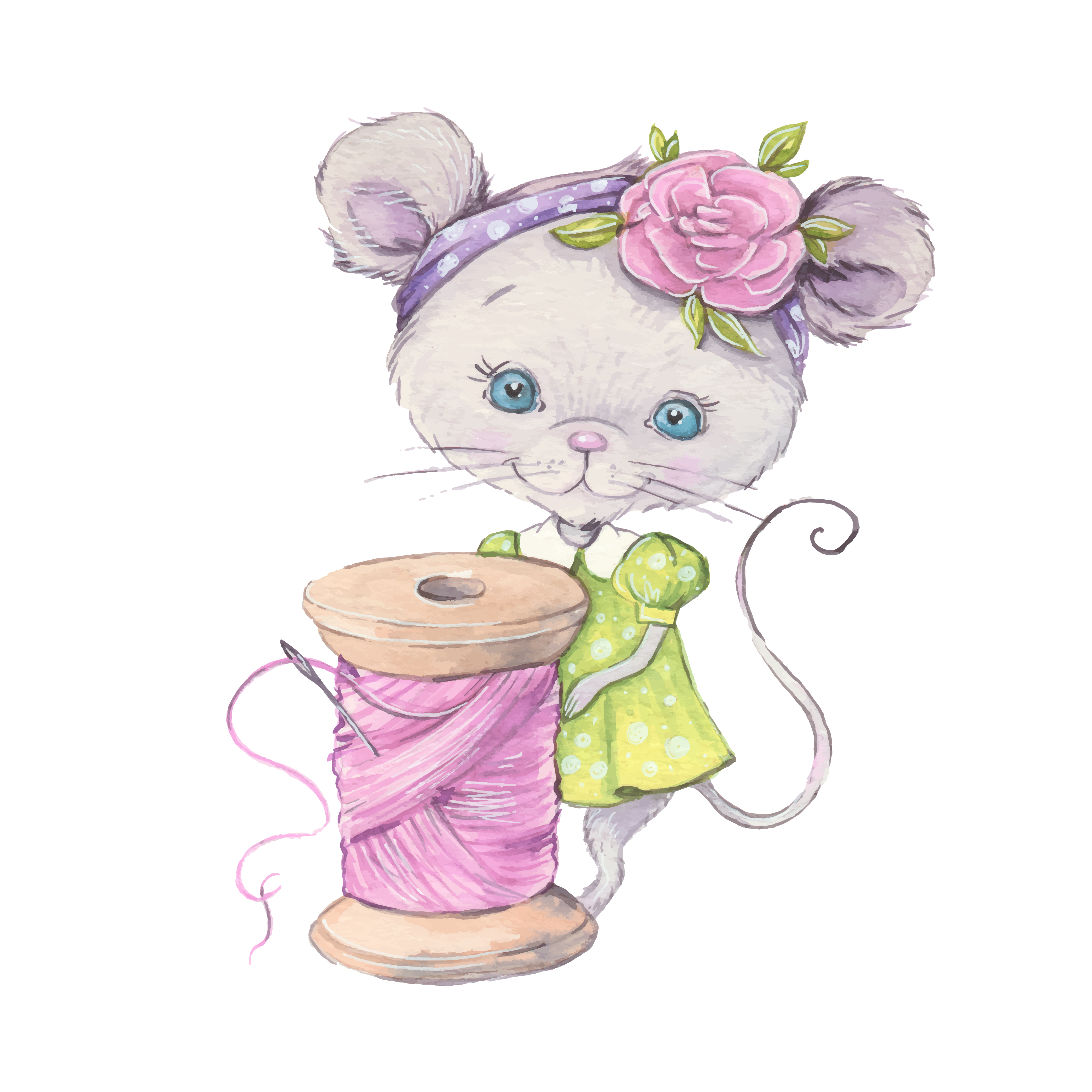 Download Watercolor cute cartoon mouse with a sewing spool for free.