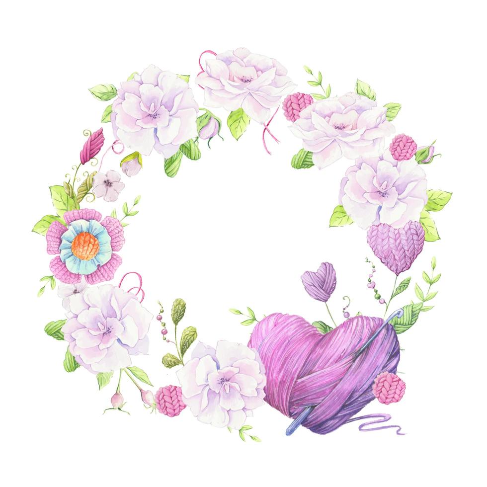 Watercolor wild rose wreath and accessories for knitting needlework vector