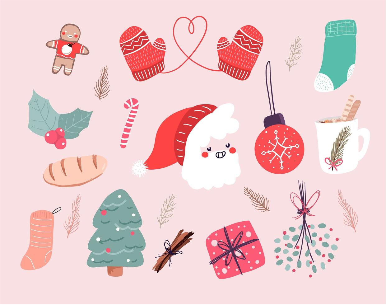 Christmas cute cartoon elements indoor decor set vector