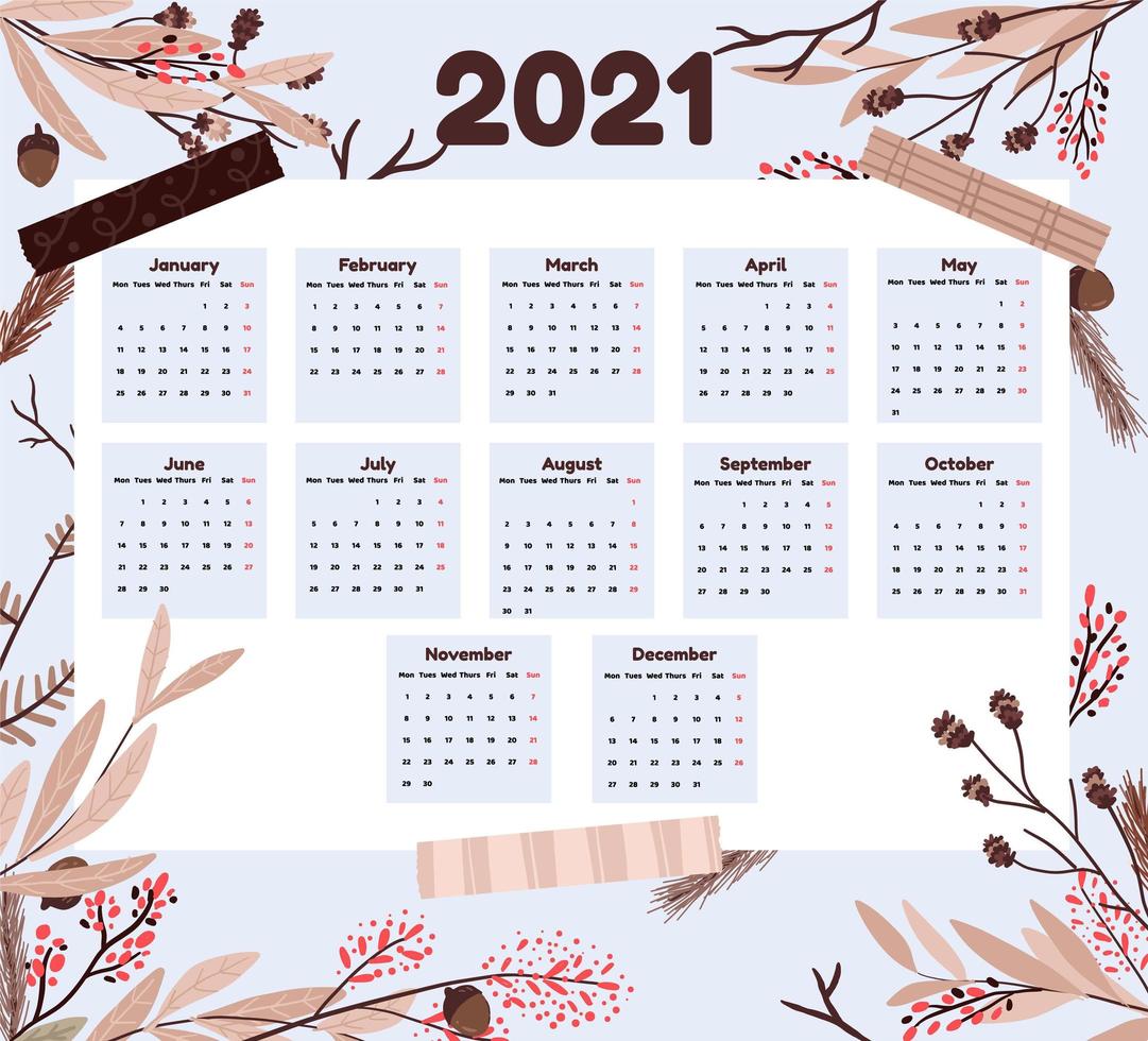 calendario de vacaciones 2021 con ramas vector