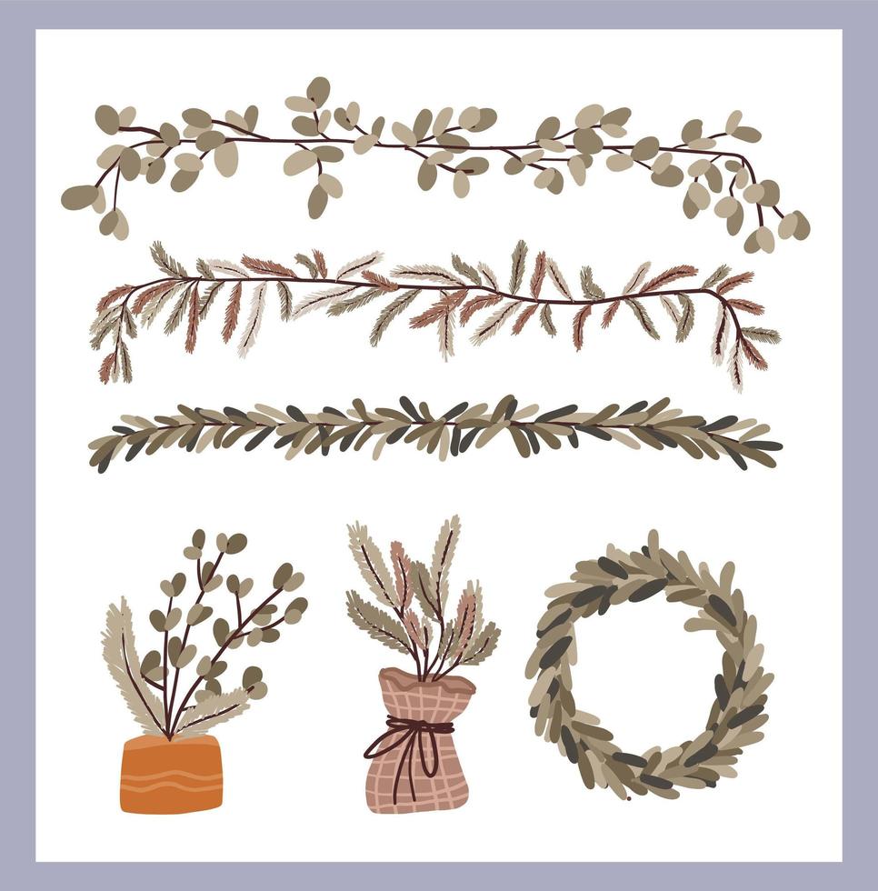 Christmas plants decor elements set vector