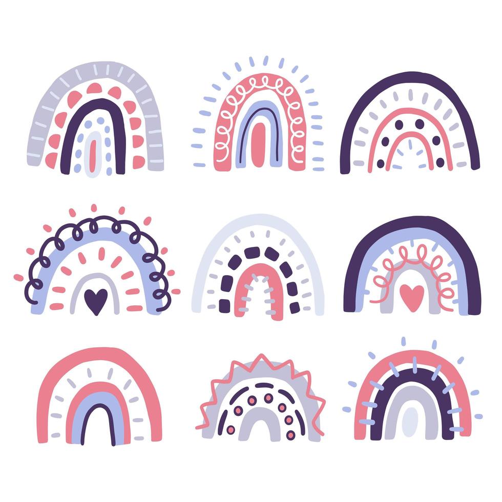 lindas decoraciones escandinavas del arco iris del doodle vector