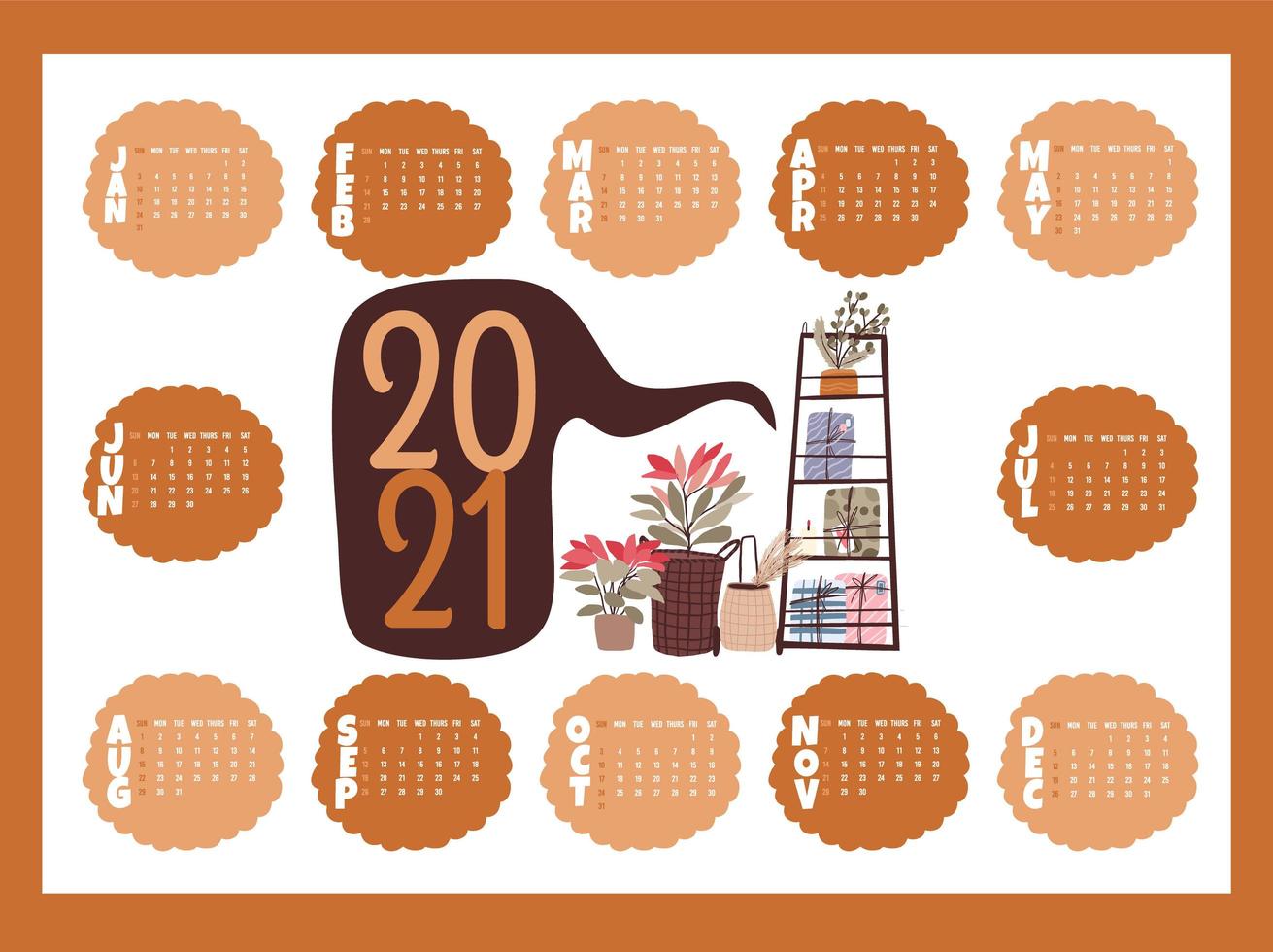 Holiday 2021 calendar with plants vector