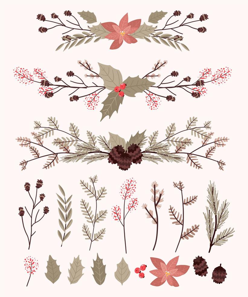 Christmas plants decor elements set vector