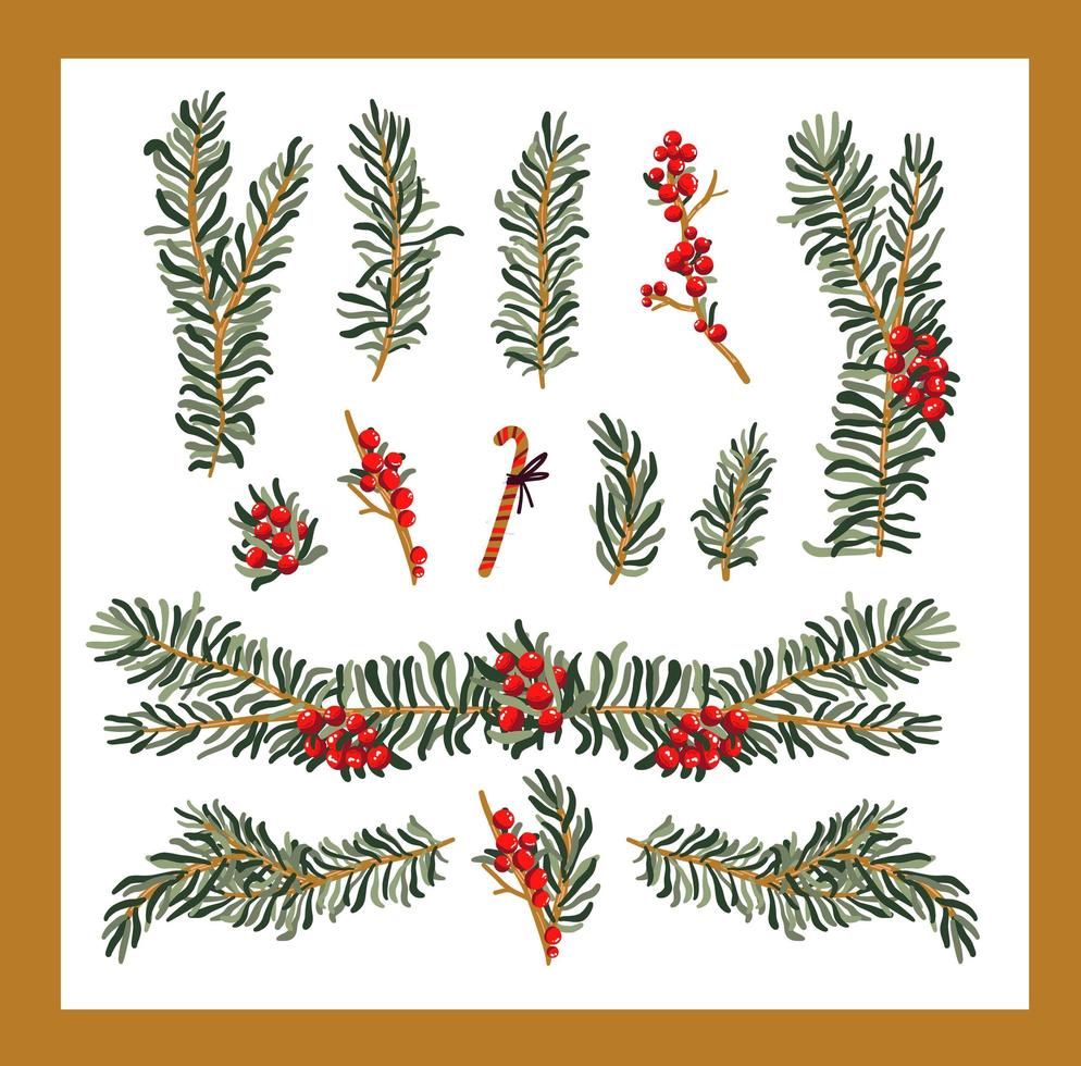 Christmas plants decor elements set vector