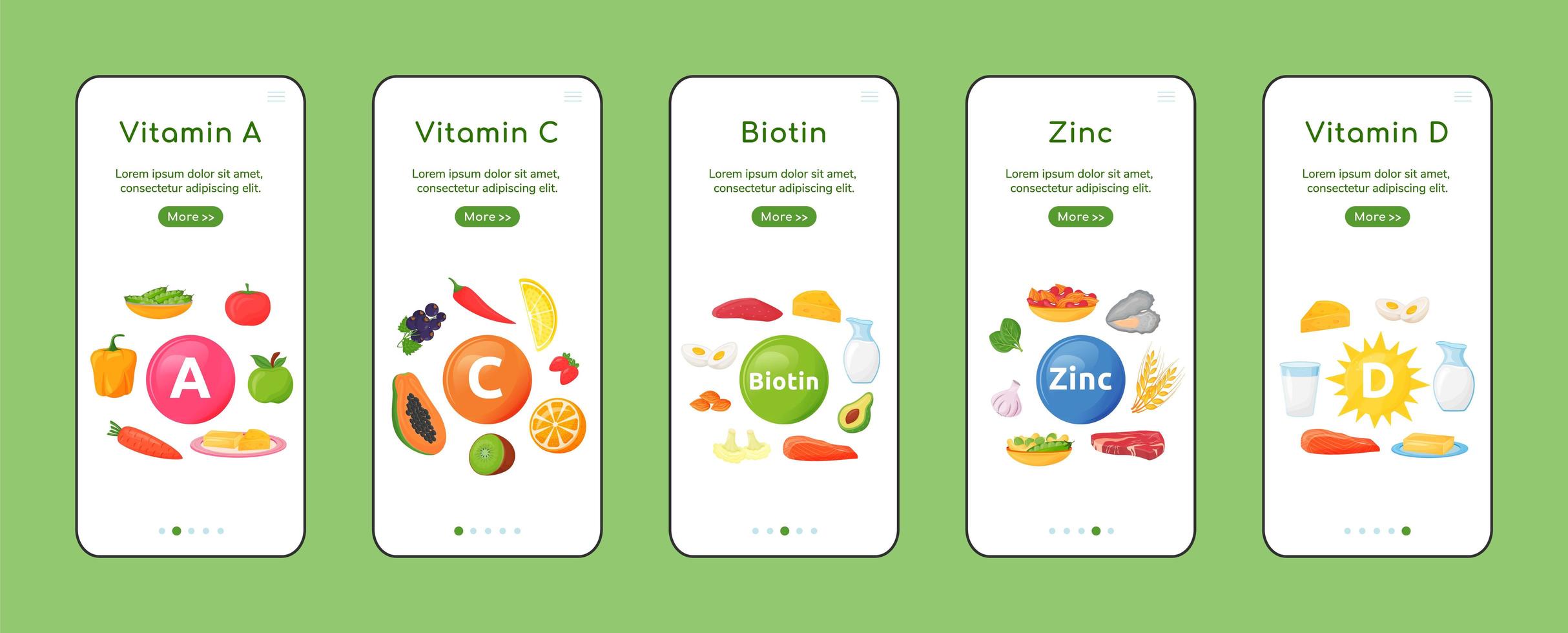 Vitamins and minerals onboarding mobile app screen vector