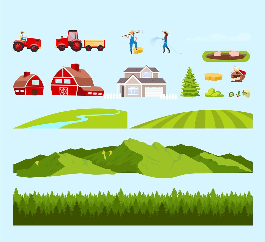 Village workers and fields objects set vector