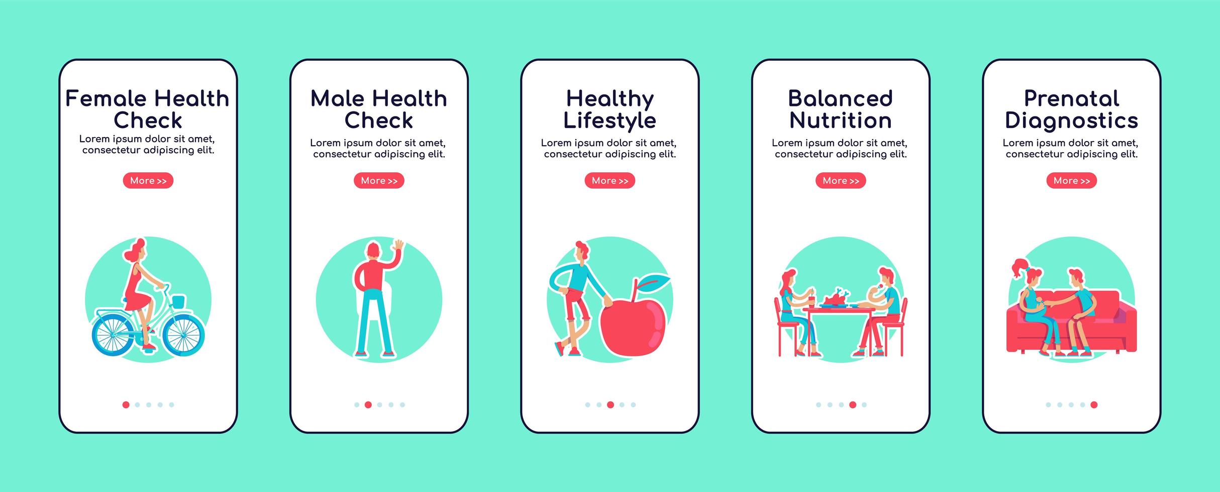 Female and male health check onboarding mobile app screens vector