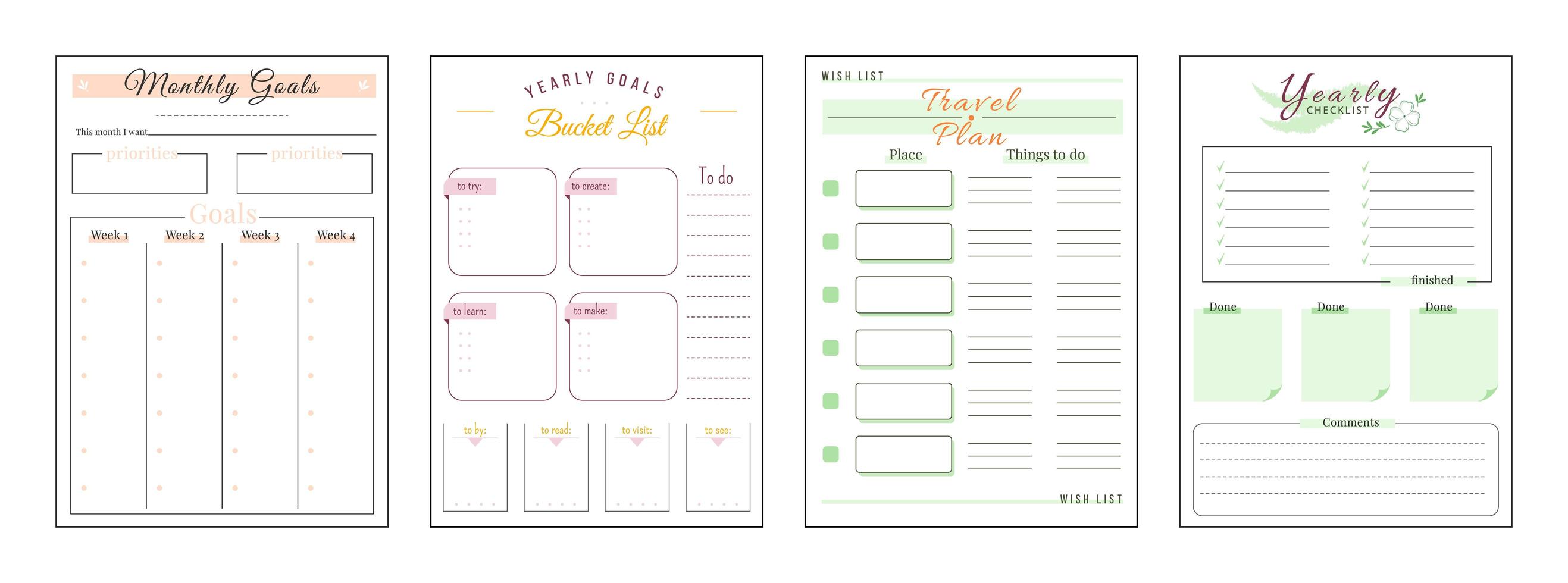 Goals and wishes minimalist planner page set vector