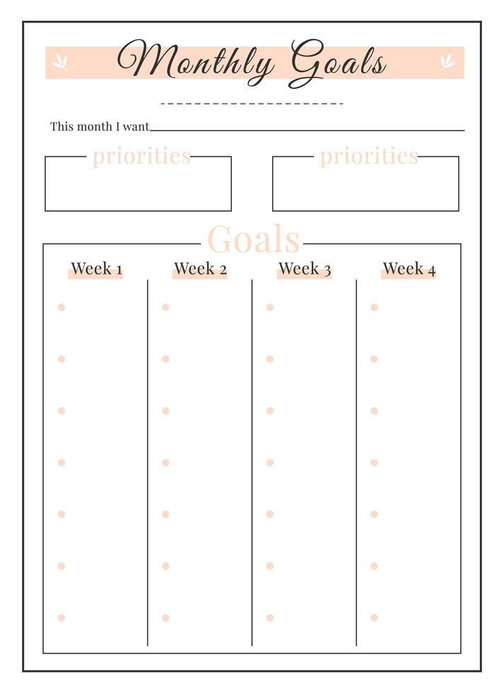 Month goals minimalist planner page design vector