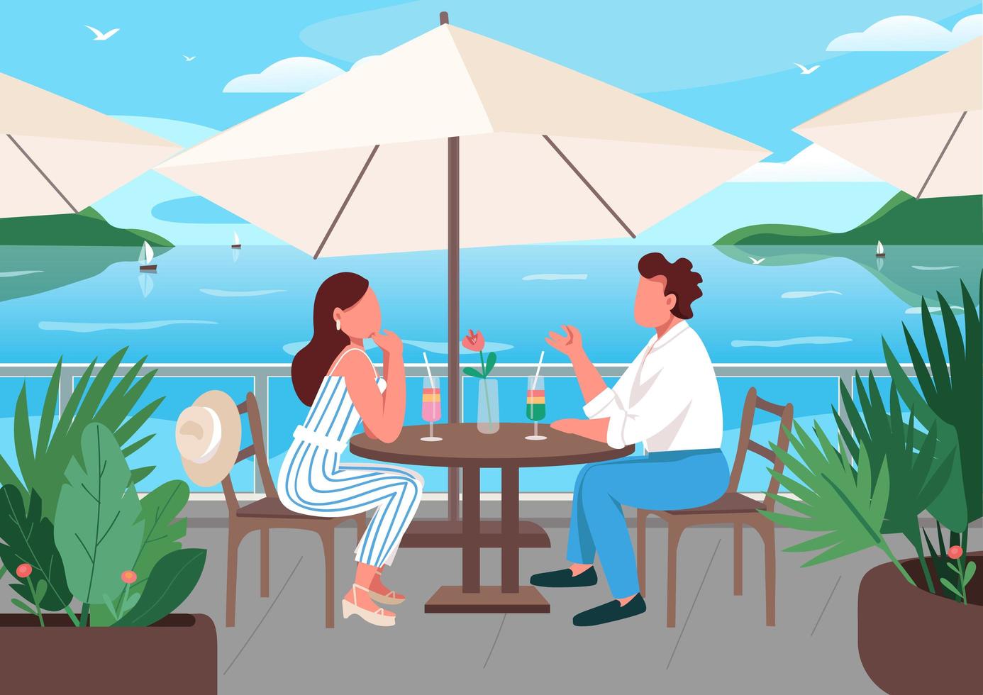 Friends having breakfast in seaside resort cafe vector