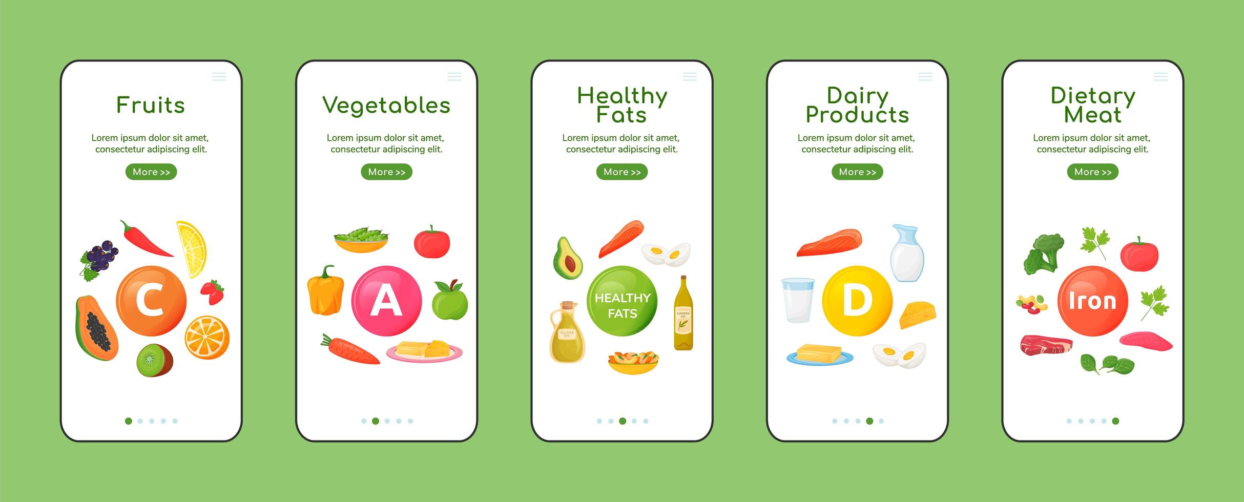 Vitamins and minerals onboarding mobile app screens vector