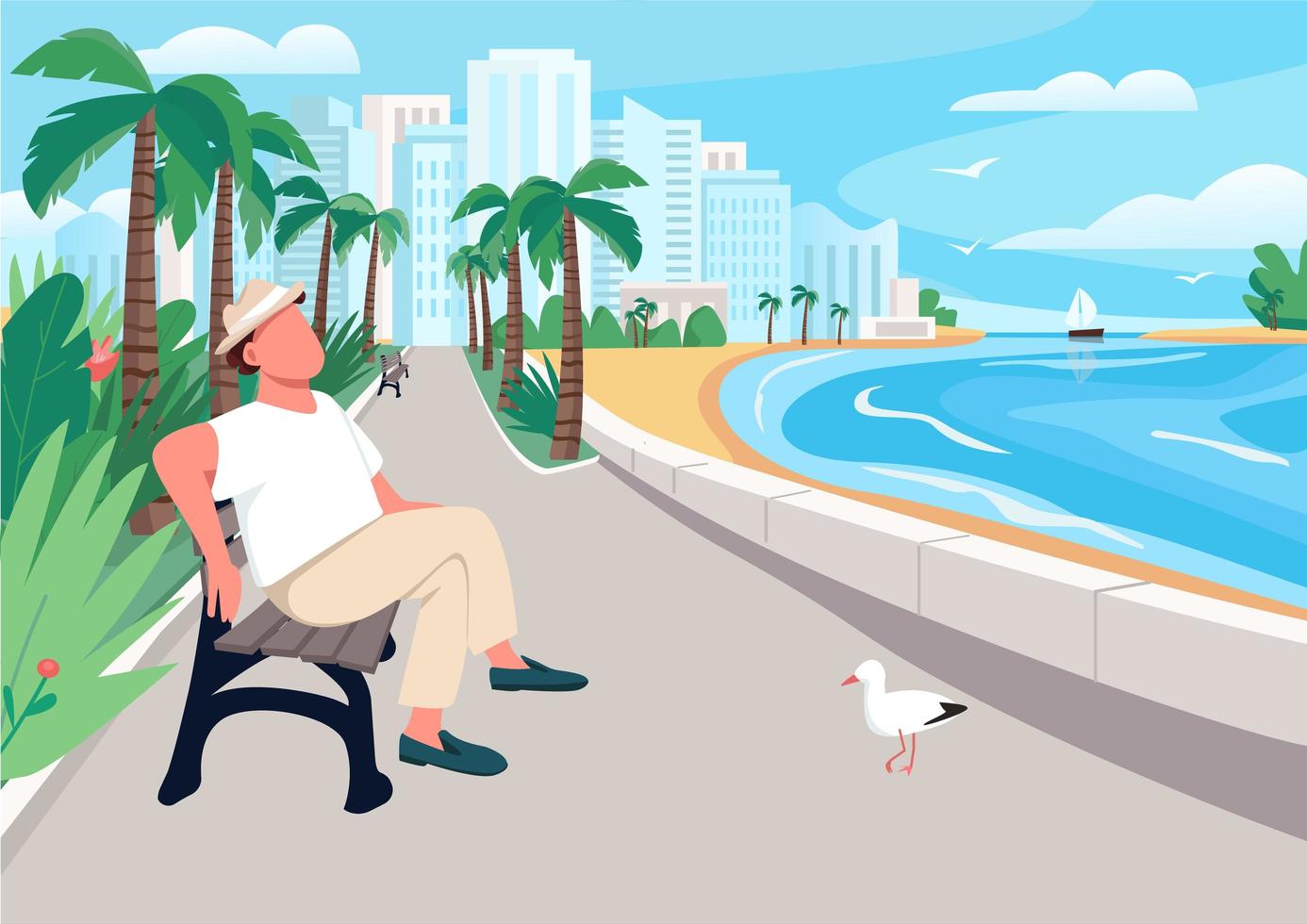 Man sitting on seafront street bench vector