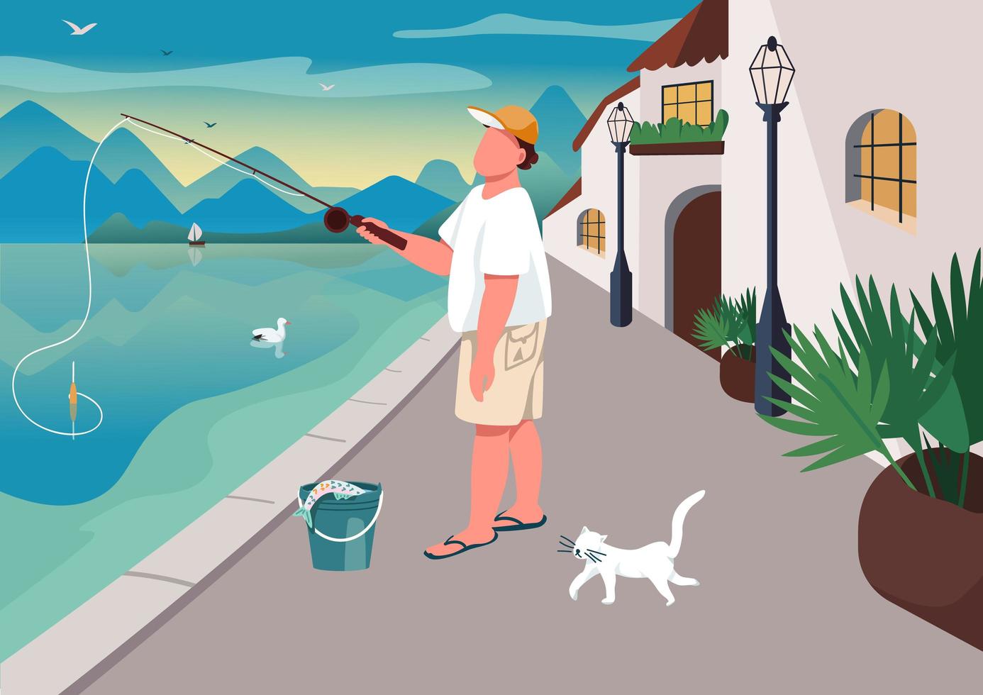 hombre pescando en la zona ribereña vector