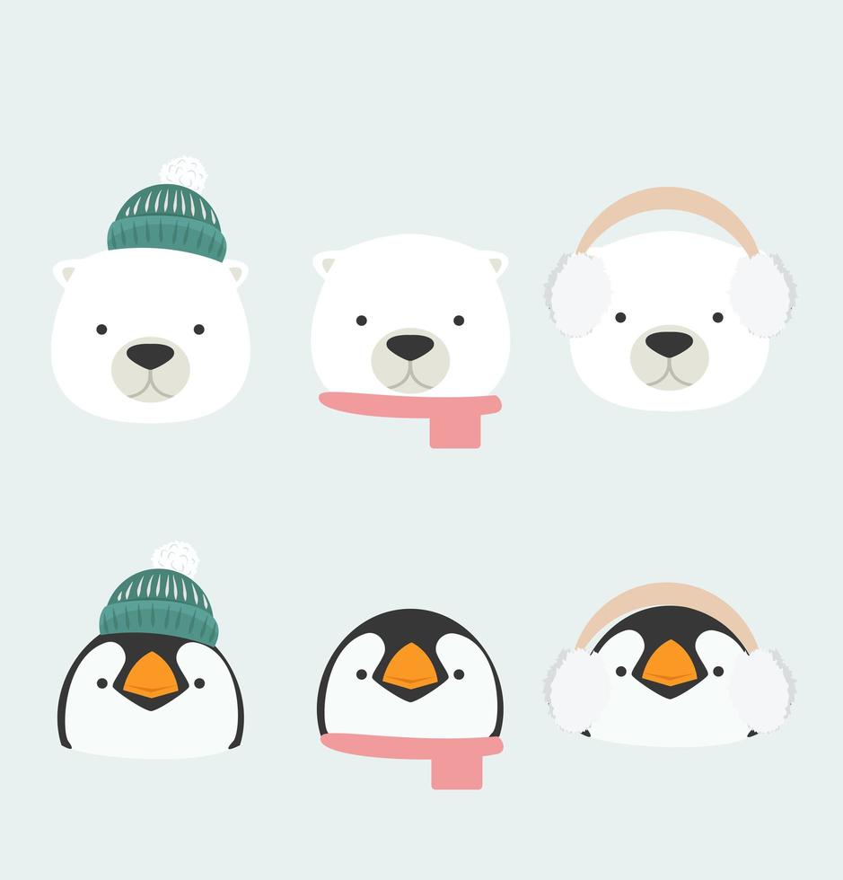 set de accesorios bebé pingüino y oso vector