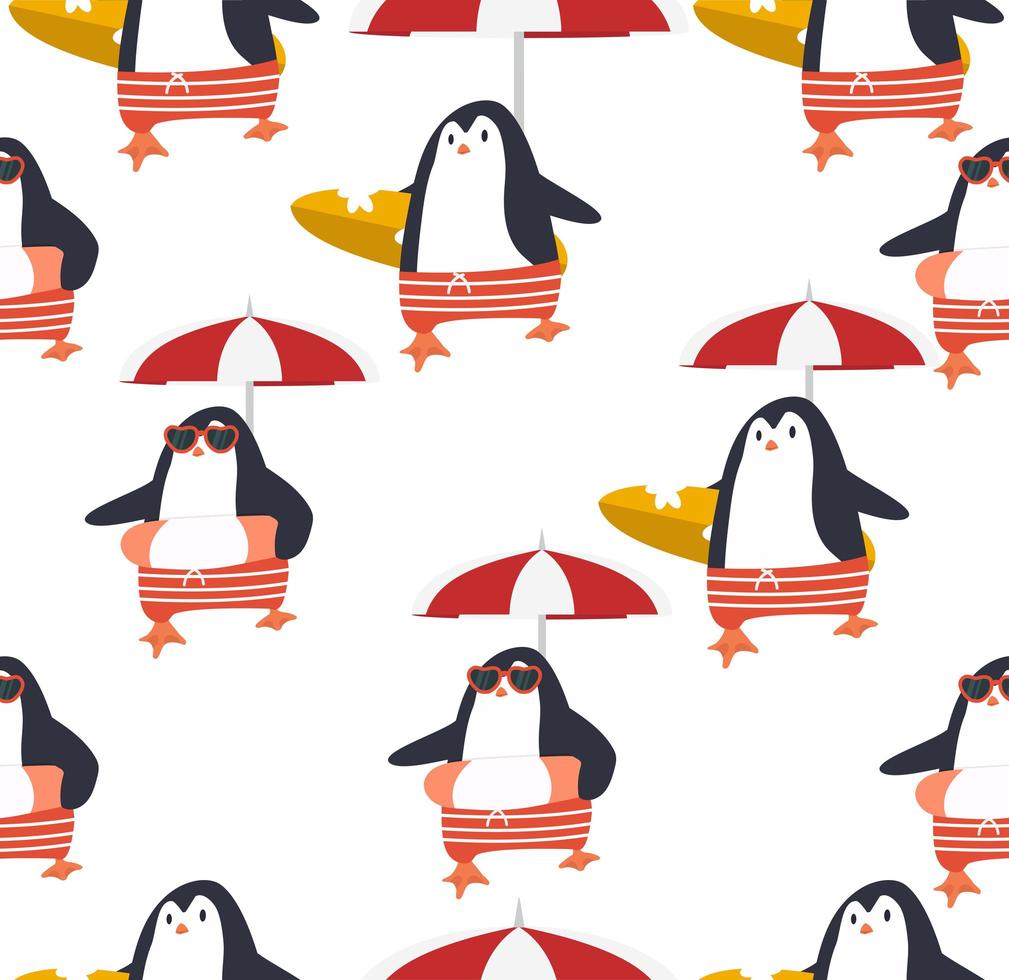 Summer penguins vector seamless pattern