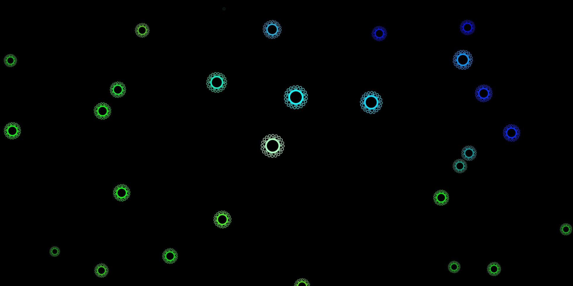 telón de fondo azul oscuro, verde con símbolos de virus. vector