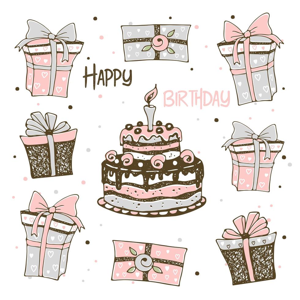 postal con pastel y regalos de cumpleaños vector