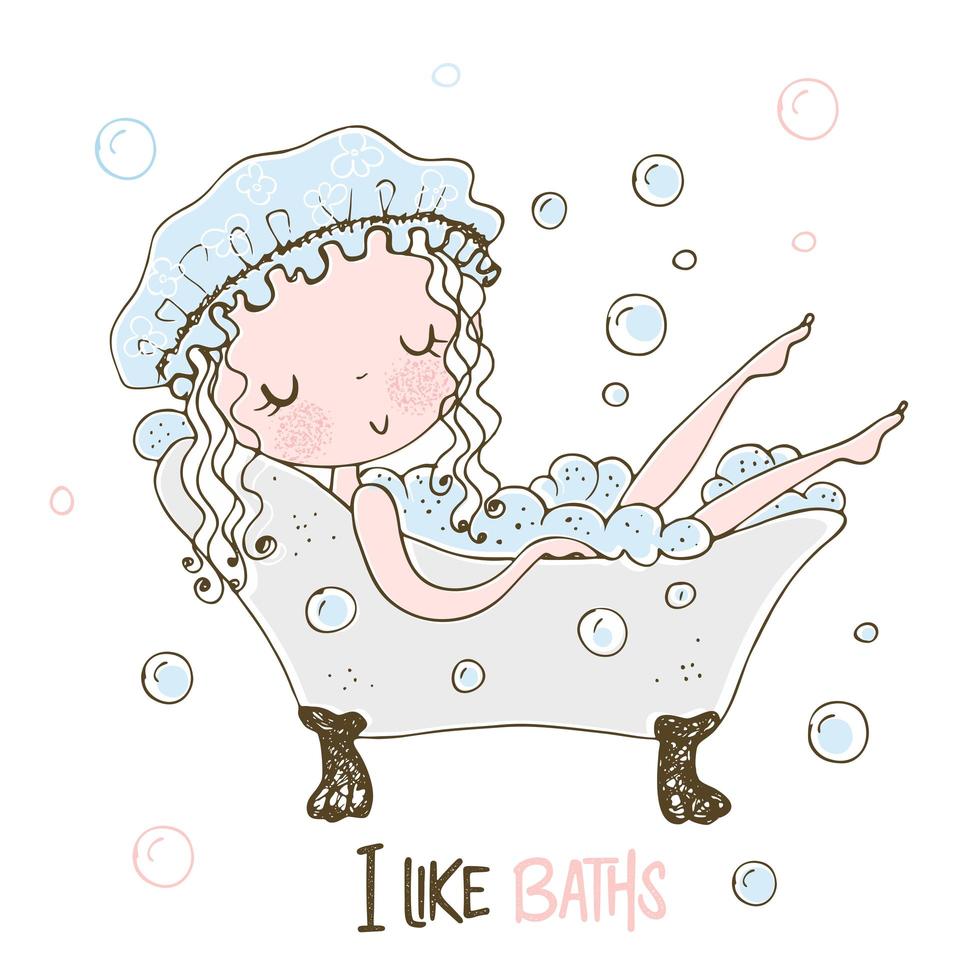 Cute little girl takes a bubble bath vector