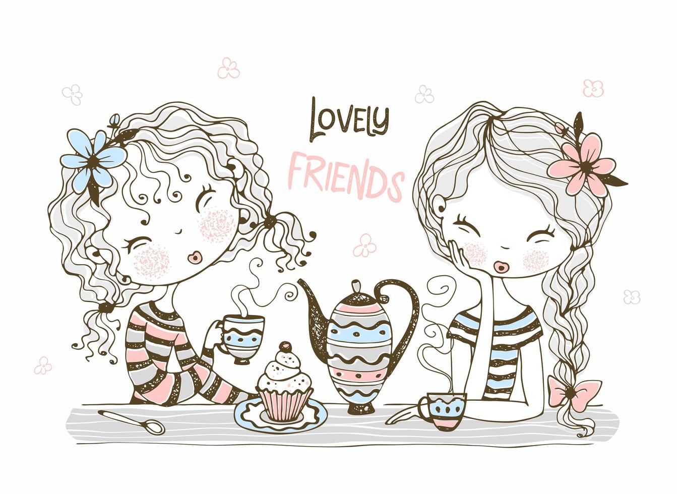 Cute girlfriends drink tea vector