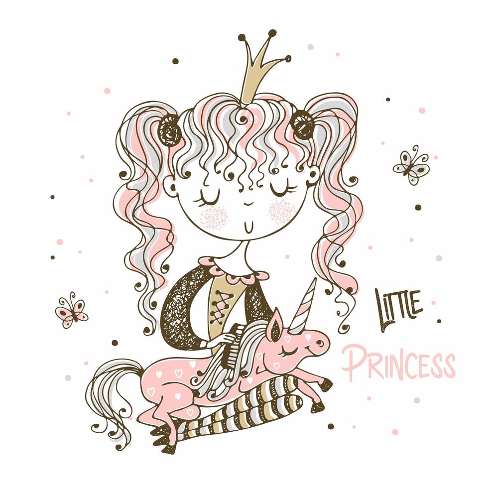 Little princess combs the mane of her unicorn vector