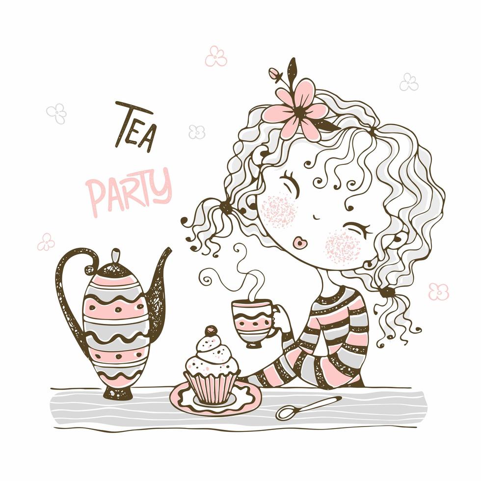 Cute girl drinking tea. Tea party vector