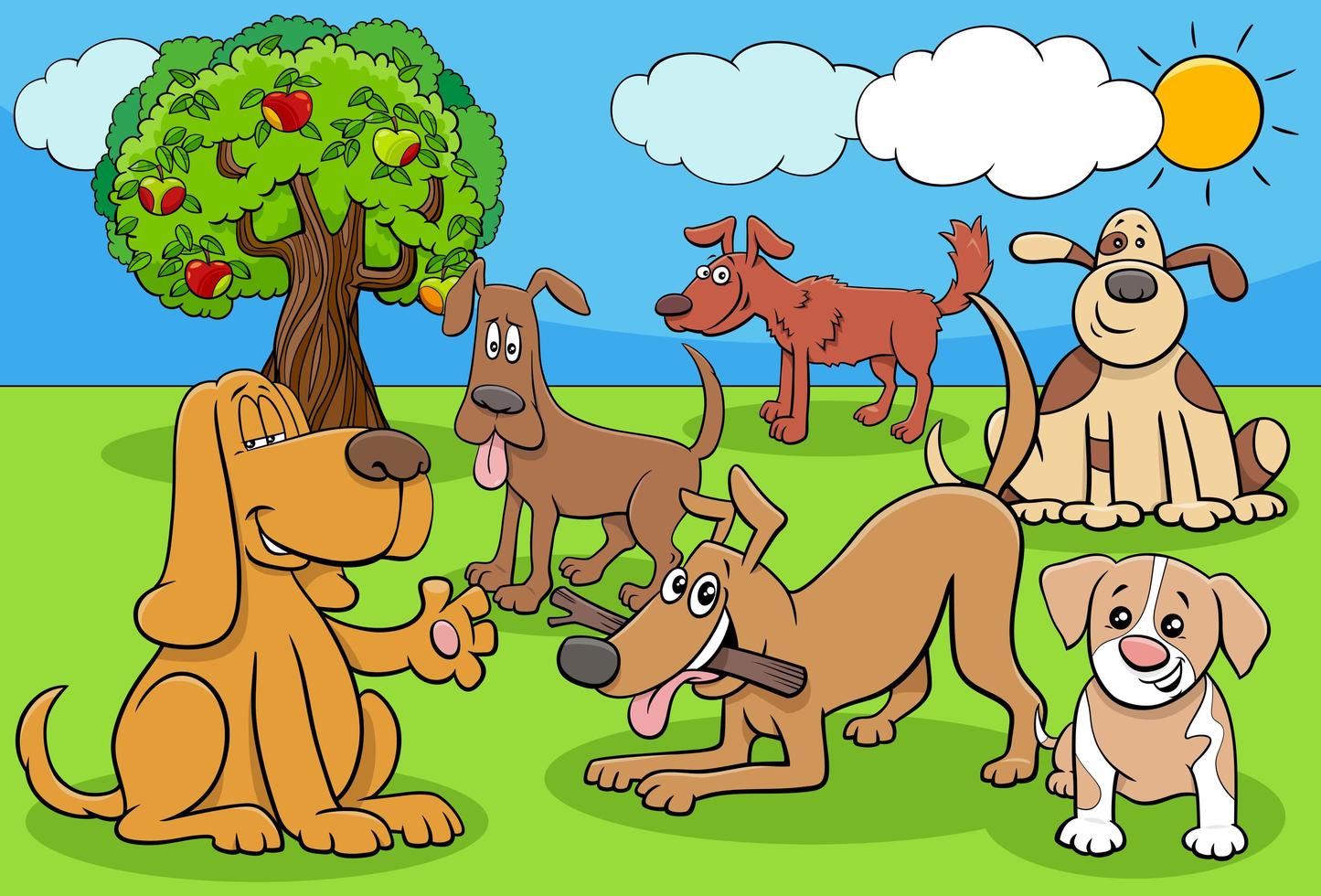 Grupo de personajes de dibujos animados de perros y cachorros divertidos vector