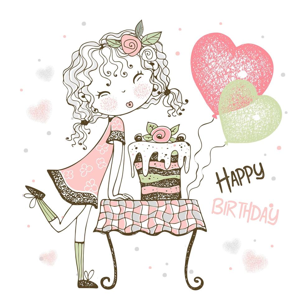 tarjeta de cumpleaños con niña con pastel y globos vector