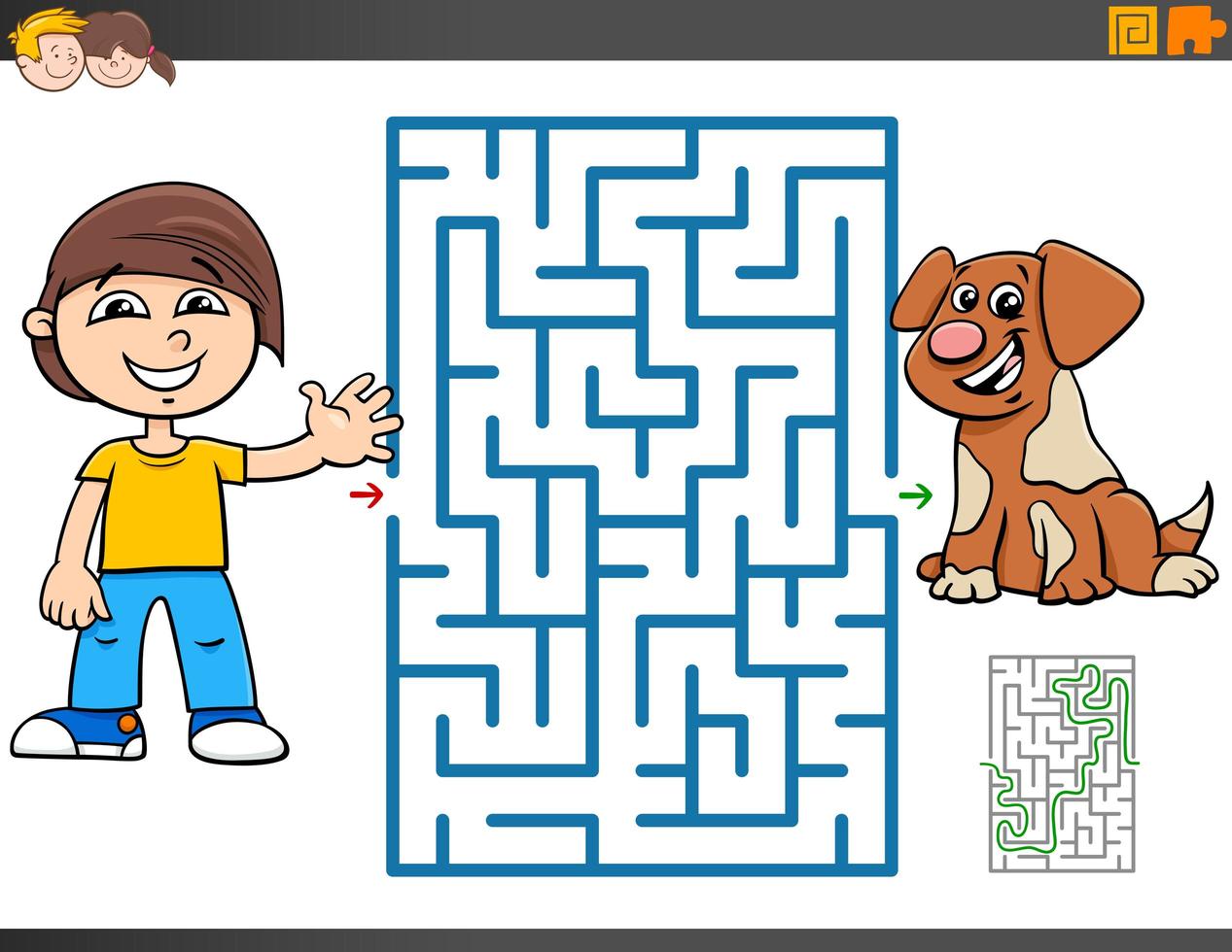 Maze game with cartoon boy and puppy vector