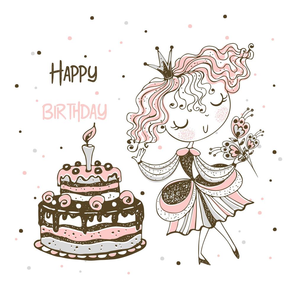 Princess and a large birthday cake. Birthday card vector