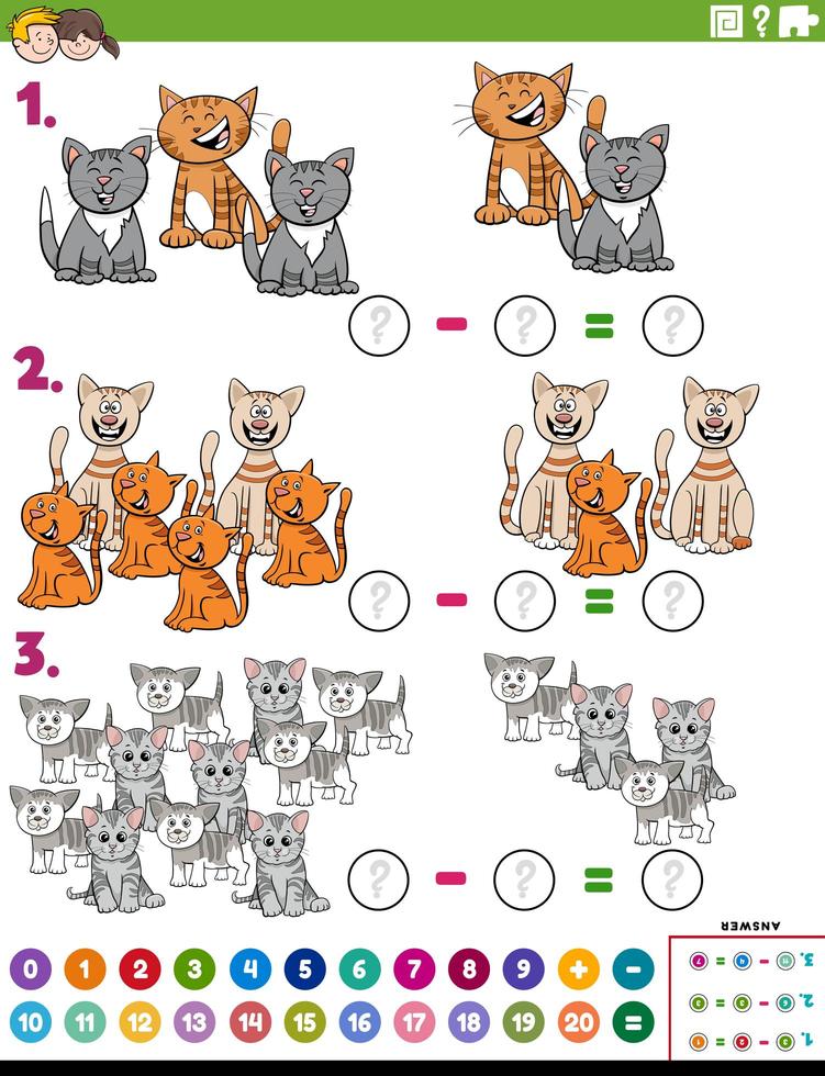 Tarea educativa de resta de matemáticas con gatos. vector