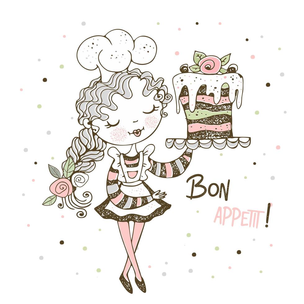 Cute girl pastry chef baking a cake vector